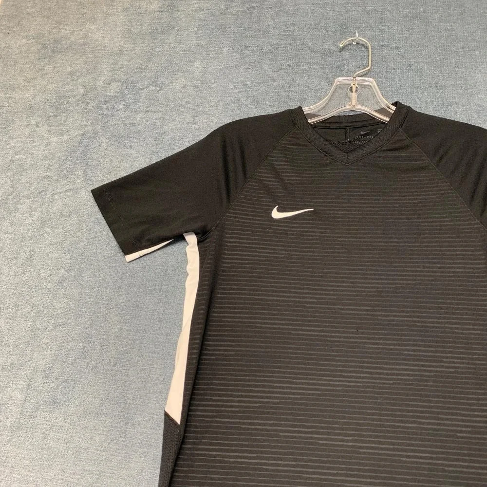 Nike Dri Fit T-Shirt Mens Large Black Striped Raglan Sleeve V Neck Swoosh Logo